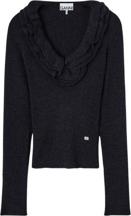 Ganni Ribbed Merino Frill Top - Dames - V-hals truien - Zwart - M - Wol - Truien & Vesten