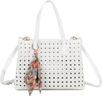 Generic Perforated Tote Bag, Laser Cut Design with Scarf Charm, Shoulder Handbag with Crossbody Strap (White)