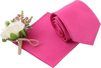 DQT Plain Glossy Satin Polyester Wedding Classic Neck Tie and Pocket Square Set for Men in Hot Pink