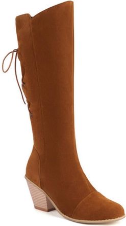 Generic Womens Winter Vintage Faux Suede Knee High Riding Boots Round Toe Chunky Heels Back Lace Up Casual Party Shoes (Brown,5.5)