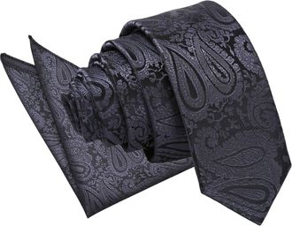 DQT Paisley Floral Patterned Wedding Skinny Neck Tie & Pocket Square Set for Men in Charcoal Grey