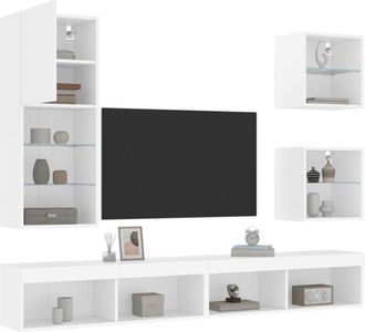 vidaXL vidaXL Mobili TV a Muro con LED 5pz Bianchi in Legno Multistrato