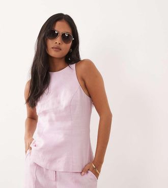 Forever New Top sartoriale senza maniche in misto lino rosa chiaro con scollo rotondo in coordinato
