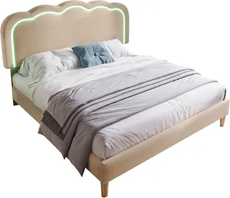 STILVORA Cama Para Adultos 140 X 200 Cm De Lino, Cama Doble Con Cabecero Ajustable, Cabecero Tapizado Y Led, Sin Colch&oacute;n, Beige
