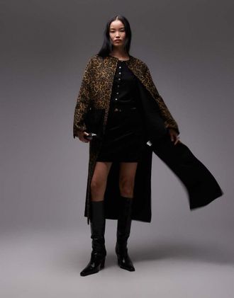 Arket Cappotto lungo in lana doppiata senza colletto con stampa leopardata-Multicolore