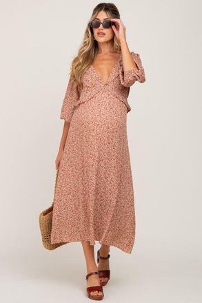 Pinkblush Floral Ruffle V-Neck Midi Dress in Rust at Nordstrom, Size Small