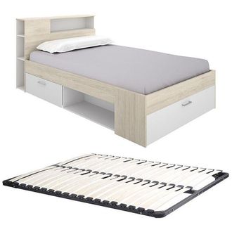 Vente-Unique Vente-unique - Letto con testata vani portaoggetti e cassetto 120 x 190 cm Naturale e Bianco + Rete - leandre