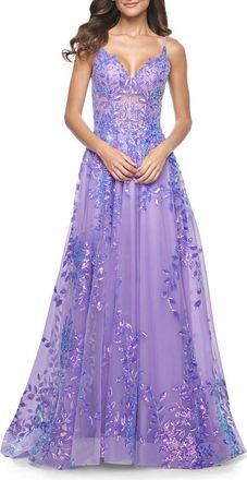 La Femme Sequin Lace Print Tulle A-Line Prom Dress with Illusion Bodice in Periwinkle at Nordstrom, Size 16