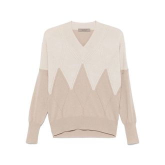 D.exterior Geruite Wol Kasjmier Trui - Dames - V-hals truien - Beige - XL - Wol - Truien & Vesten