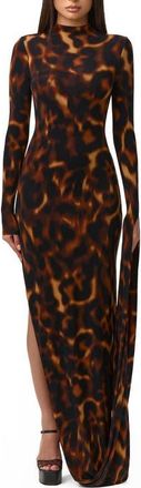 Naked Wardrobe Draped Long Sleeve Maxi Dress in Tortoise at Nordstrom, Size X-Small