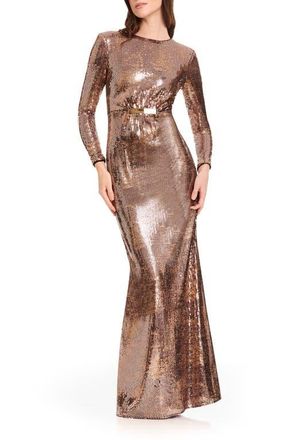 Dress The Population Johanna Sequin Long Sleeve Mermaid Gown in Rose Copper at Nordstrom, Size X-Large