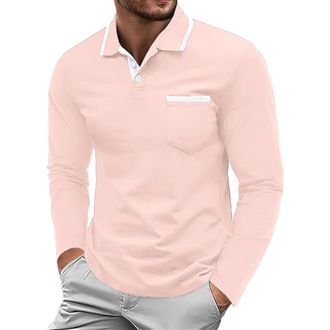 Generic Mens Long Sleeve Polo Shirts Adult Casual Breathable Work Polo Button Down Slim Fit Golf Tops Jumpers for Men UK Designer Collared Tshirts Western Clo