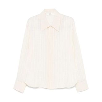 S&eacute;fr Casual Shirts, male, Beige, M, Ivory Buttoned-Cuff Shirt Curved Hem