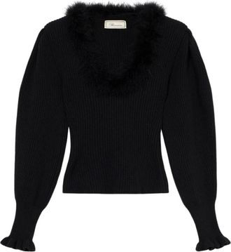 Blumarine Maglia in lana con scollatura profilata in pelliccia - - Knitwear - Donna - Nero - L