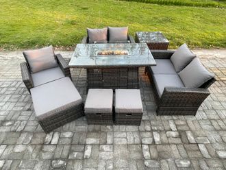 Fimous 8 Seater Rattan Outdoor Garden Furniture Gas Fire Pit Table Sets Gas Heater with Love Sofa Armchair 3 Footstools Side Table in Dark Grey