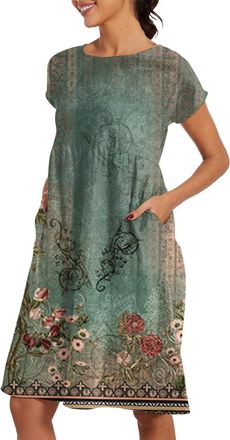 Generic Deals of The Day Spring Deals Women Summer Dress 2025 New Womens Round Neck Dress Casual and Comfortable Cotton Short Sleeves Beach with Pockets Beach