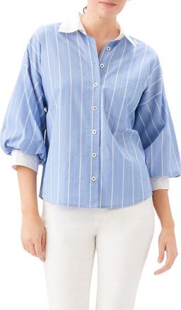 Karen Kane Stripe Lantern Sleeve Cotton Shirt in Blue With Off White at Nordstrom, Size X-Small