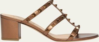 Valentino Garavani Rockstud Caged Metallic Leather Slide Sandals