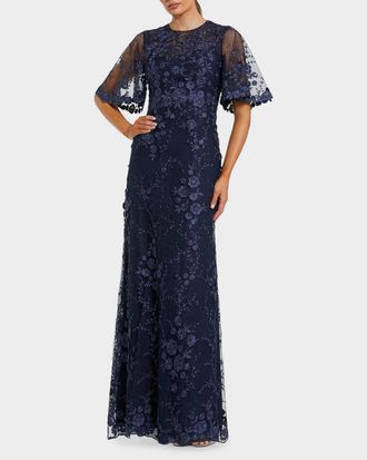 Mac Duggal Embellished Lace Flutter-Sleeve Gown