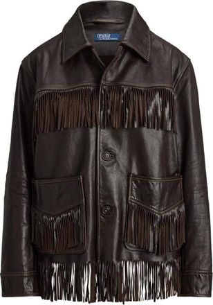 Ralph Lauren Jassen, Dames, Bruin, M, Leer, Leren jas met franjes