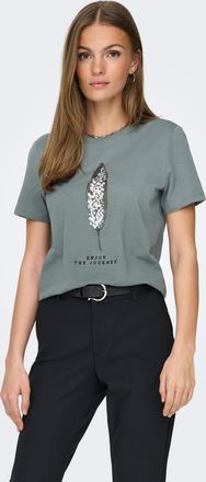 Only Kurzarmshirt ONLY ONLKITA LIFE REG S/S PLUME TOP BOX JRS, Damen, Gr. XS, gr&uuml;n (balsam gr&uuml;n print:enjoy), Single Jersey, Obermaterial: 100% Baumwolle, 