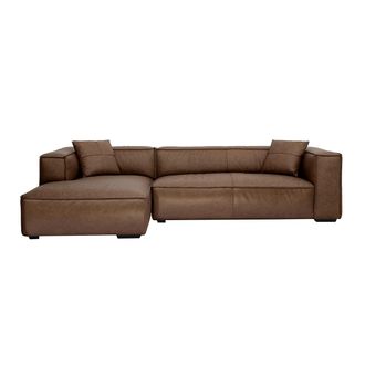Miliboo Divano Ad Angolo Sinistro Vintage 3-4 Posti In Pelle Marrone E Legno Nero Cobain