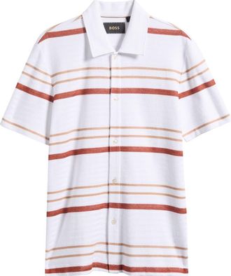 BOSS Pitti Stripe Short Sleeve Button-Up Shirt in White at Nordstrom, Size Xx-Large