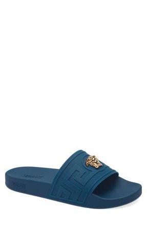 Versace La Medusa Slide Sandal in Petrol Blue Gold at Nordstrom, Size 10Us