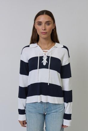 Central Park West Chelsea Rugby Laceup Polo in Navy Stripe at Nordstrom, Size X-Small
