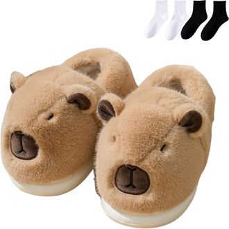 Generic Capybara Slippers for Women Men, Cute Plush Cartoon Slippers, Winter Warm with Non-slip Thick Sole (Khaki-B, One Size, Adult, Women, 9.5, Numeric Rang