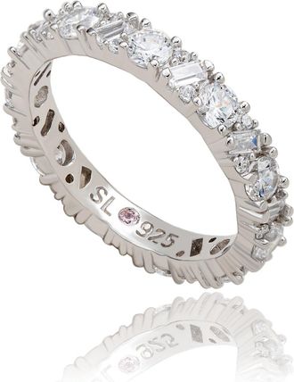 Suzy Levian Sterling Silver White Cubic Zirconia Round Baguette Alternating Eternity Band