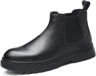 Generic Mens Flat Heel Platform Short Boots Pull on Chelsea Ankle Boots Round Toe PU Leather Casual Boot,Black,5.5 UK