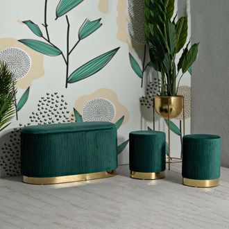 Dmora Panca Soroti, Con Dos Taburetes, Banco Con Almacenaje, Estructura De Metal, Color Asiento Verde, 80x37x42h Cm Verde