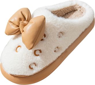 Generic Womens Spring And Winter Bow Home Slippers Thick Sole Lightweight Warm Non Home Cotton Slippers House Slippers with Rubber Soles for Women (White, 4)