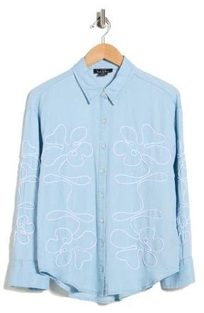 Nicole Miller Floral Embroidered Button-Up Shirt in Light Wash/White at Nordstrom Rack, Size X-Large