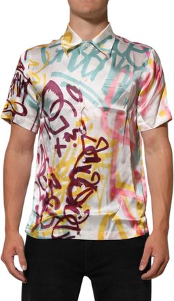 Dolce & Gabbana White Silk Hawaiian Graffiti Print Men Casual Mens Shirt