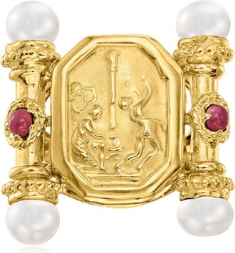 Ross-Simons Italian Tagliamonte 5-5.5mm Cultured Pearl and. Ruby Cameo-Style Ring in 18kt Gold Over Sterling
