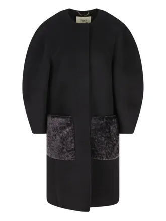 Fendi puff-sleeve velvet-pocket coat - women - Sheep Skin/Shearling/Silk/Silk/Virgin Wool - 44 - Black
