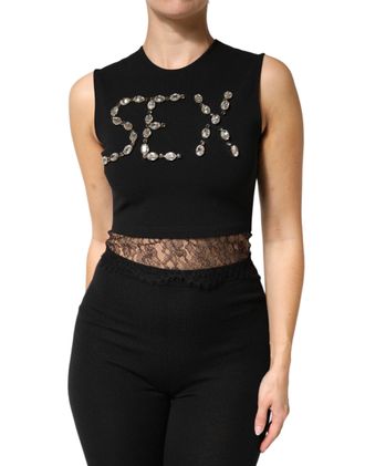 Dolce & Gabbana Womens Black Jersey Lace Ruching Rhinestone Tank Top Co+05+pa+vi