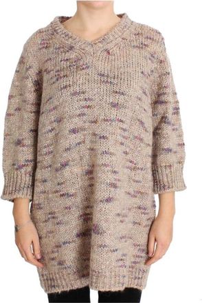 Pink Memories Wollen Oversized Gebreide Trui - Dames - V-hals truien - Beige - S - Wol - Truien & Vesten