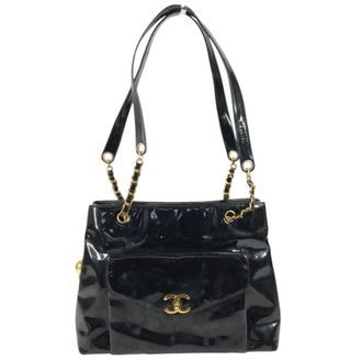 Chanel Black Gold Patent Leather Shoulder Bag Tote Bag (Pre-Owned)