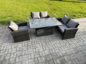 Fimous 4pcs Rattan Outdoor Garden Furniture Sofa Set Height Adjustable Rising Lifting Table Dark Grey Mixed