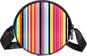 Generic Circle Crossbody Bag for Women, Color Strips Small Sling Bag Daypack with Zipper Adjustable Shoulder Straps Casual Ladies Girls Round Purse