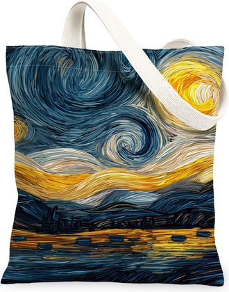 Generic Starry Night Canvas Tote Bags, Artistic Swirl Design Lightweight Washable Shoulder Bags, Stylish Reusable Grocery for Trave, Blue, 13x15 Inch