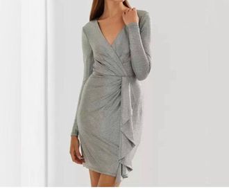 Ralph Lauren Metallic Knit Faux Wrap Ruffle Dress In Silver