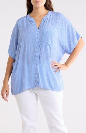 T Tahari Elbow Sleeve Button-Up Shirt in Medium Blue/White Stripe at Nordstrom Rack, Size 1X
