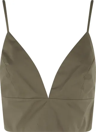 Federica Tosi Military Green Crop V-Neck Zippered Cotton Tank Top
