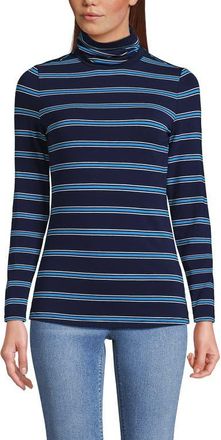 Lands End Lightweight Jersey Long Sleeve Turtleneck in Deep Sea/cyan Stripe at Nordstrom, Size Small
