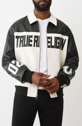 True Religion Faux Leather Racing Jacket in Jet Black /Winter White at Nordstrom Rack, Size X-Large