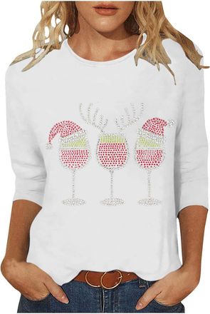 Generic Christmas T Shirts Women 3/4 Sleeve Xmas Rhinestone Wine Glass Pattern Pullover Casual Crew Neck Ladies Xmas Tops Holiday Loose Festive Tshirt Christm